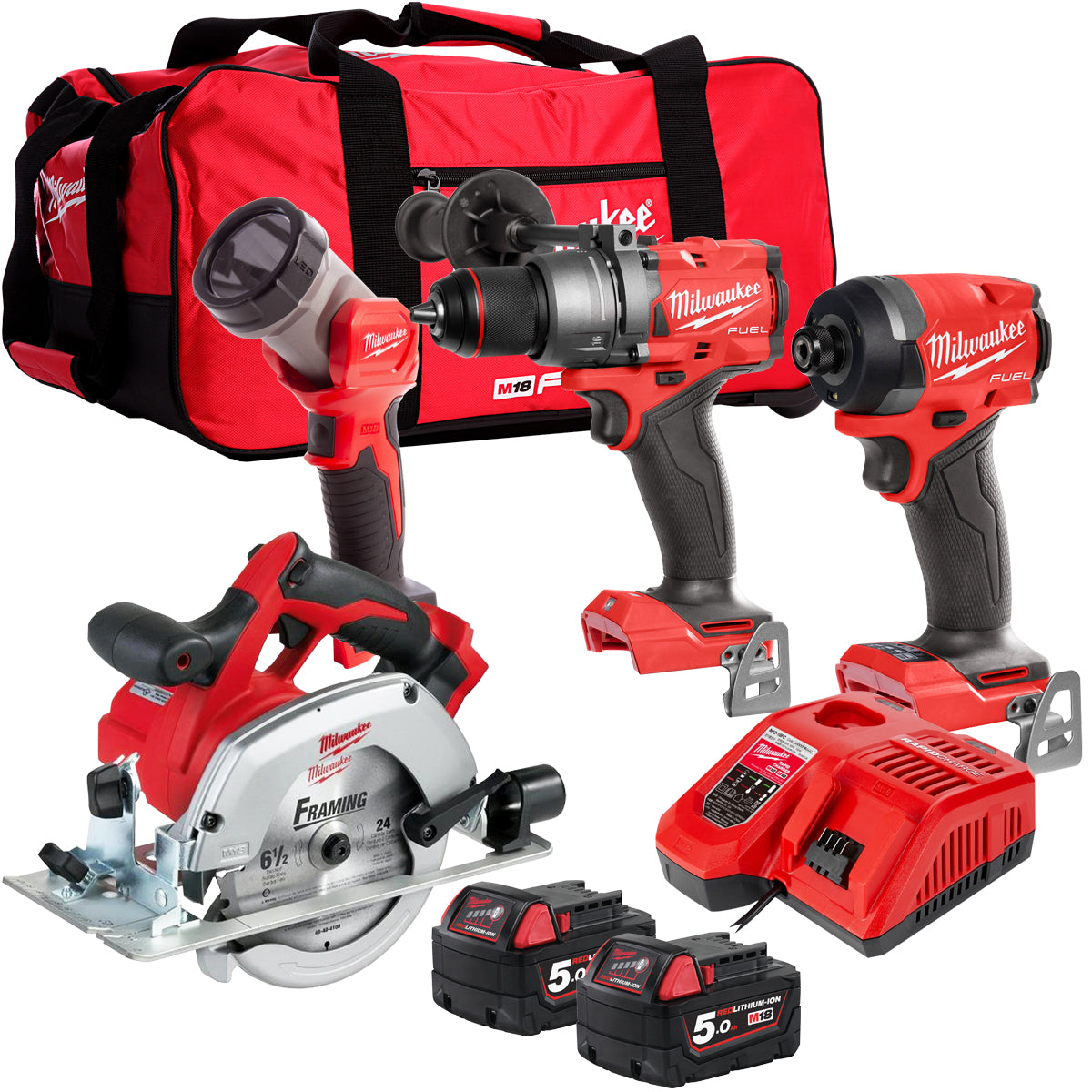 Milwaukee M18BLPP4T-502B 18V 4 Piece Tool Kit with 2 x 5.0Ah Battery & Charger