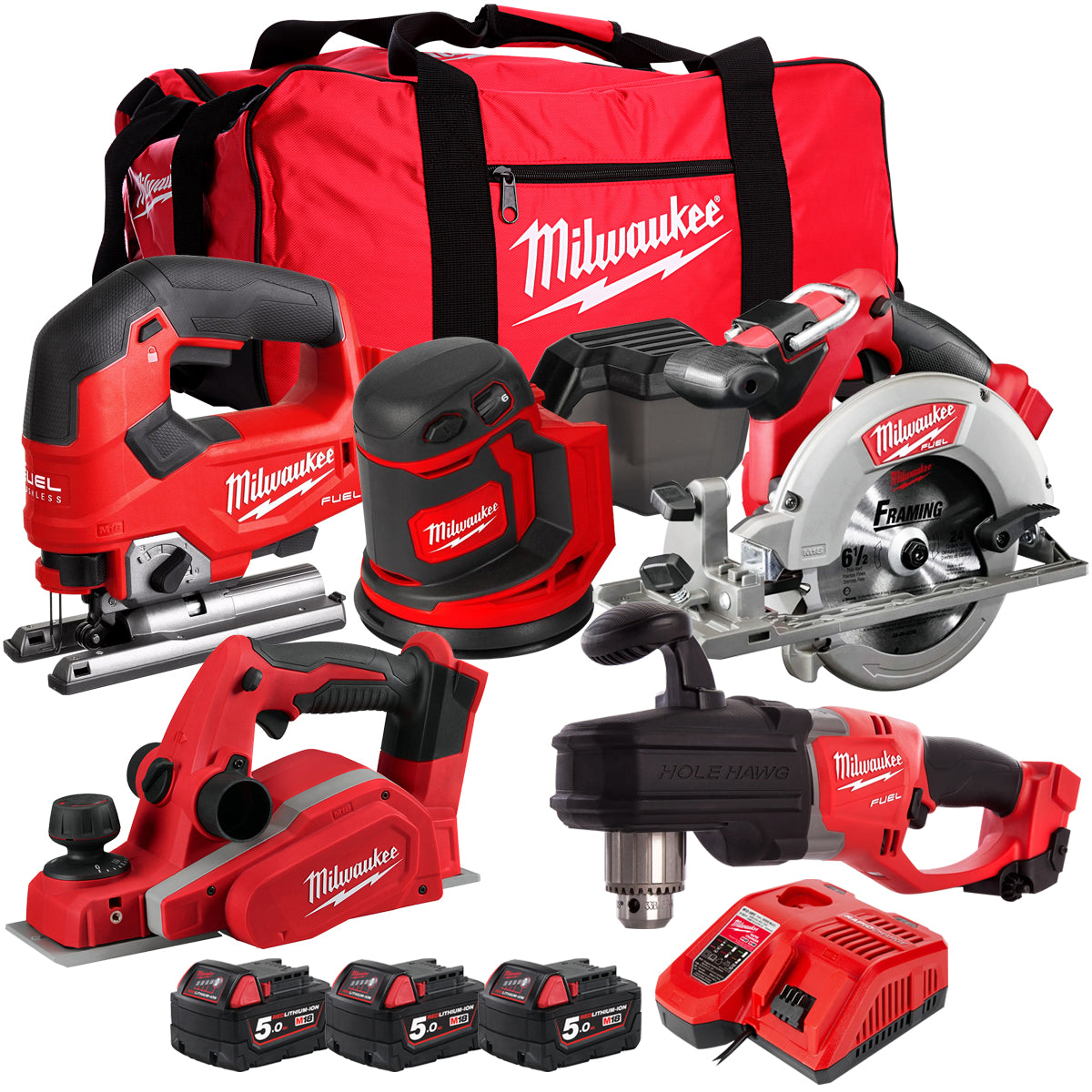 Milwaukee M18PP5T-503B 18V Woodworking 5 Piece Tool Kit with 3 x 5.0Ah Batteries & Charger