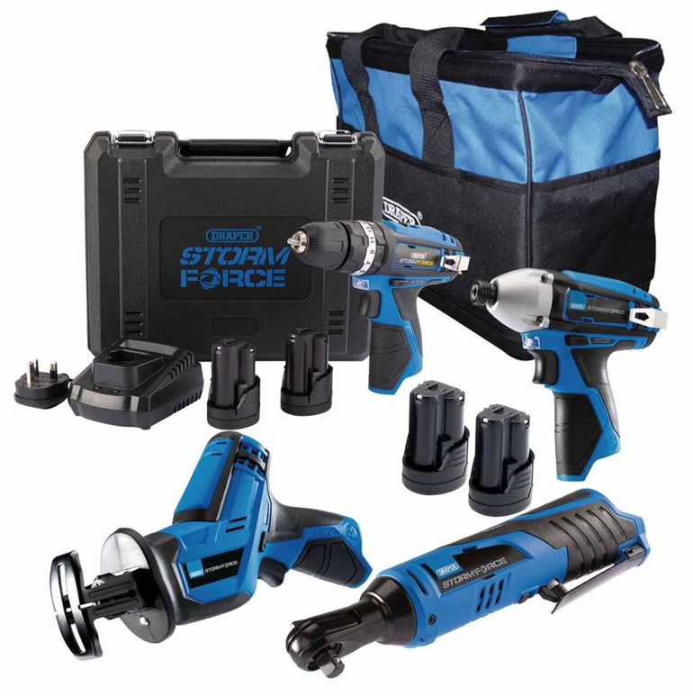 Draper PTK12V4+4 12V Power Tool 4 Piece Kit with 4 x 1.5Ah Batteries, 1 X Fast Charger & Bag 91032