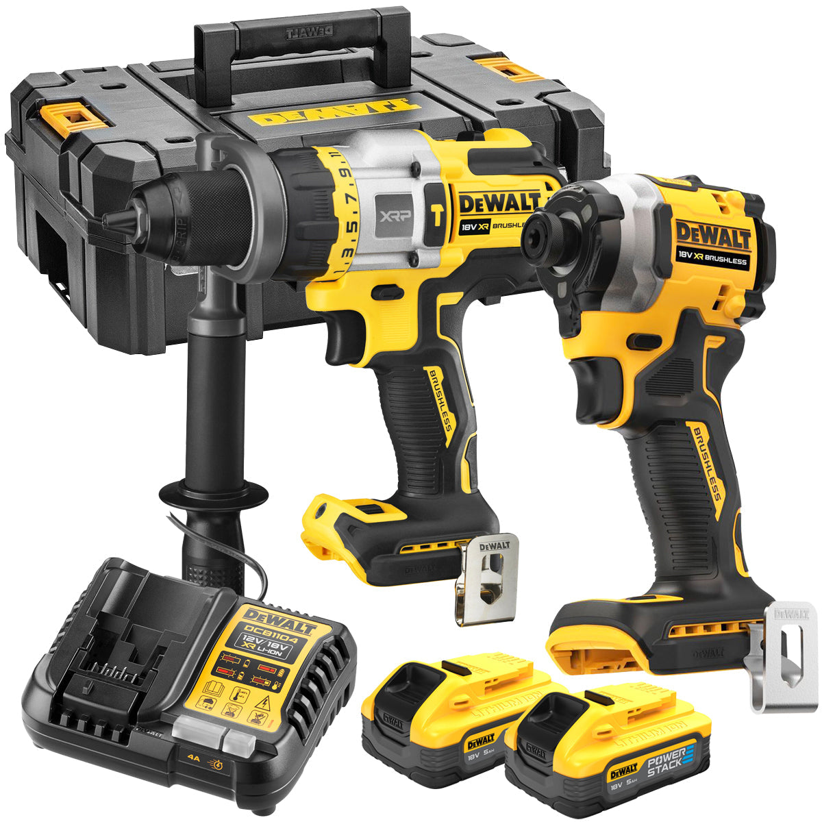 DeWalt DCK2052H2T-GB 18V XR Brushless Combi Drill + Impact Driver with 2 x 5.0Ah Powerstack Battery Charger & Case