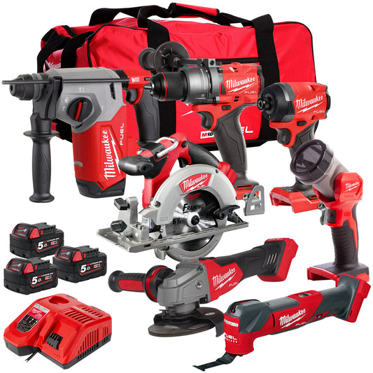 Milwaukee M18FPP7A3-503B 18V FUEL Brushless 7 Piece Tool Kit 3 x 5.0Ah Batteries Charger & Wheeled Bag 4933480878