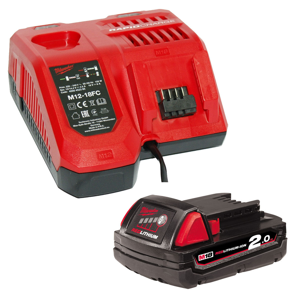 Milwaukee M12-18FC 12-18V Multi Voltage Fast Charger with M18B2 2.0Ah Battery