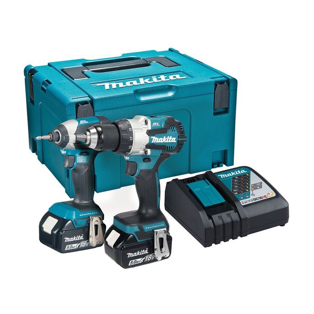 Makita DLX2507TJ 18V Brushless Twin Pack Combi Drill & Impact Driver With 2 x 5.0Ah Batteries Charger & Case