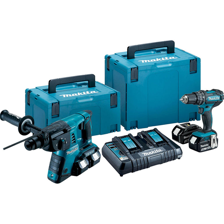 Makita DLX2137PTJ 18V Combi Drill + Rotary Hammer Drill With 4 x 5.0Ah Batteries, Charger & Case