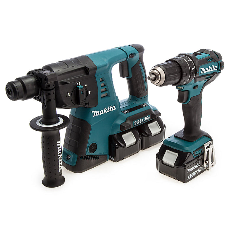 Makita DLX2137PTJ 18V Combi Drill + Rotary Hammer Drill With 4 x 5.0Ah Batteries, Charger & Case