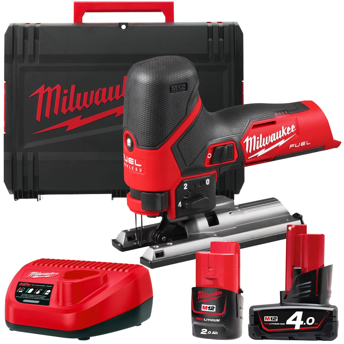 Milwaukee M12FJS-422X 12V 240v Fuel Brushless Jigsaw with 4.0Ah/2.0Ah Batteries Charger & Case 4933493349