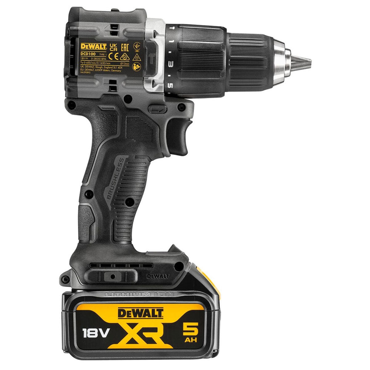 Dewalt DCD100P2T-GB 18V XR Brushless Limited Edition 100 Year Combi Drill with 2 x 5.0Ah Batteries Charger & TSTAK Case