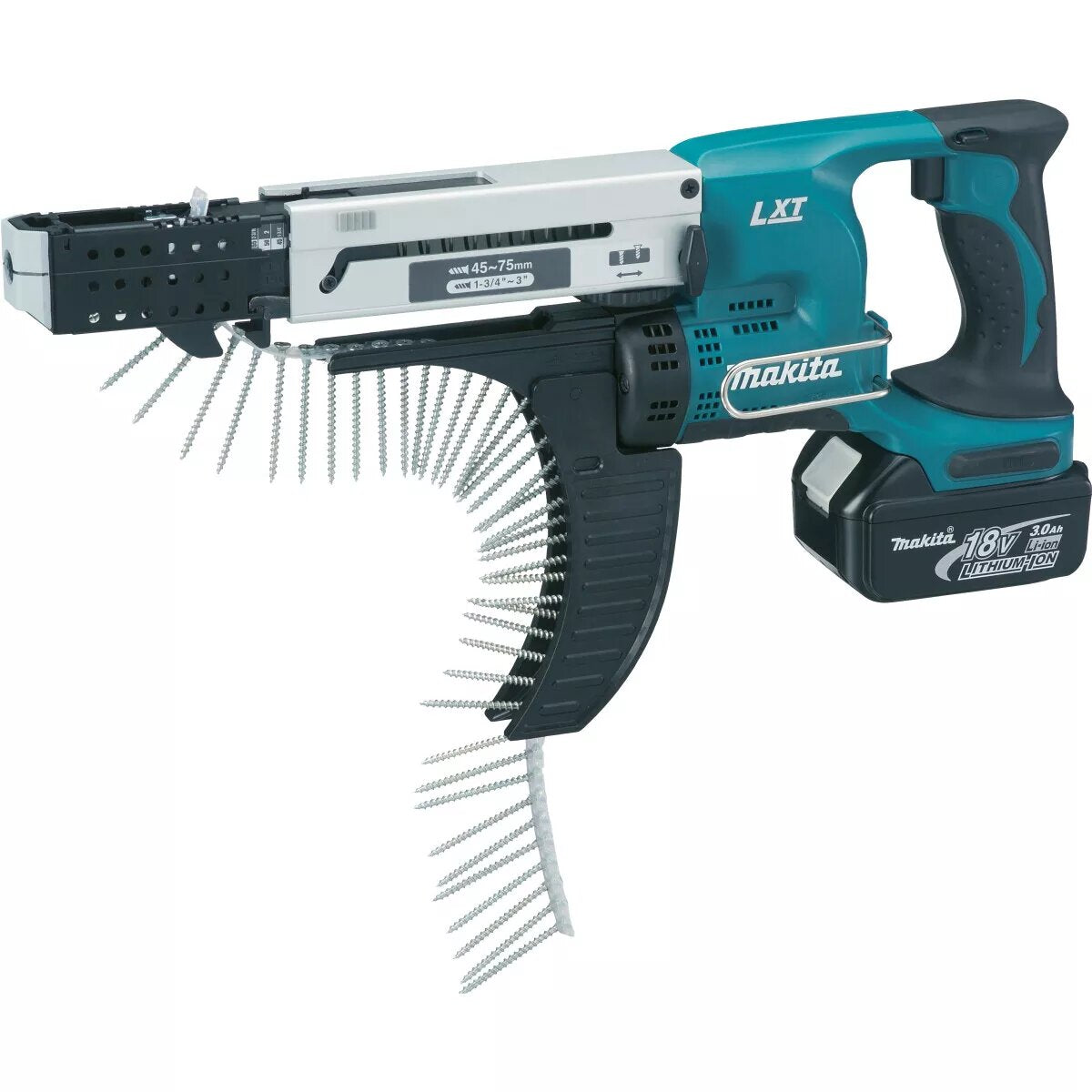 Makita DFR750RTE 18V 45 – 75 mm Auto-Feed Screwdriver With 2 x 5.0Ah Batteries Charger & Case