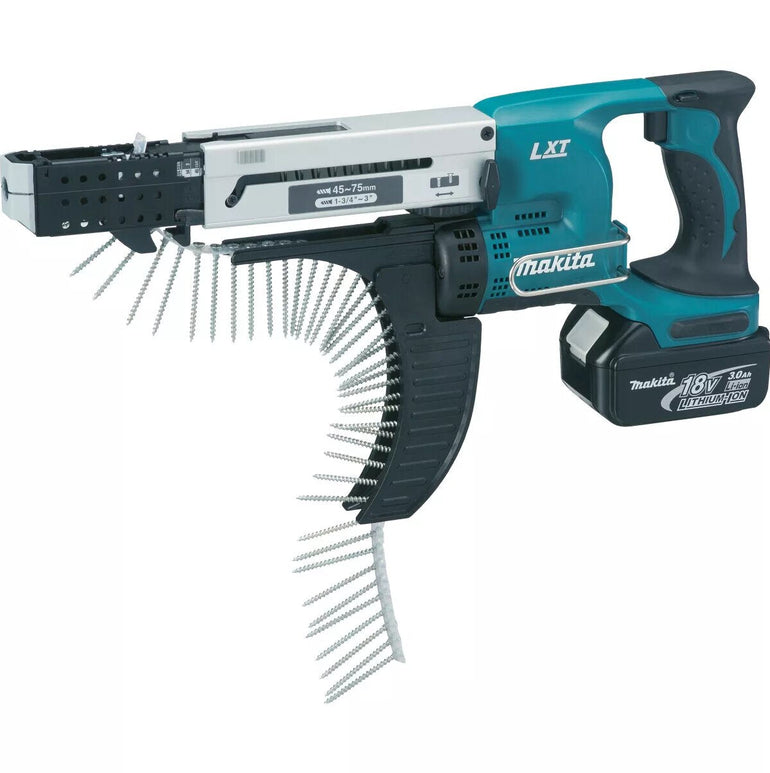 Makita DFR750RTE 18V 45 – 75 mm Auto-Feed Screwdriver With 2 x 5.0Ah Batteries Charger & Case