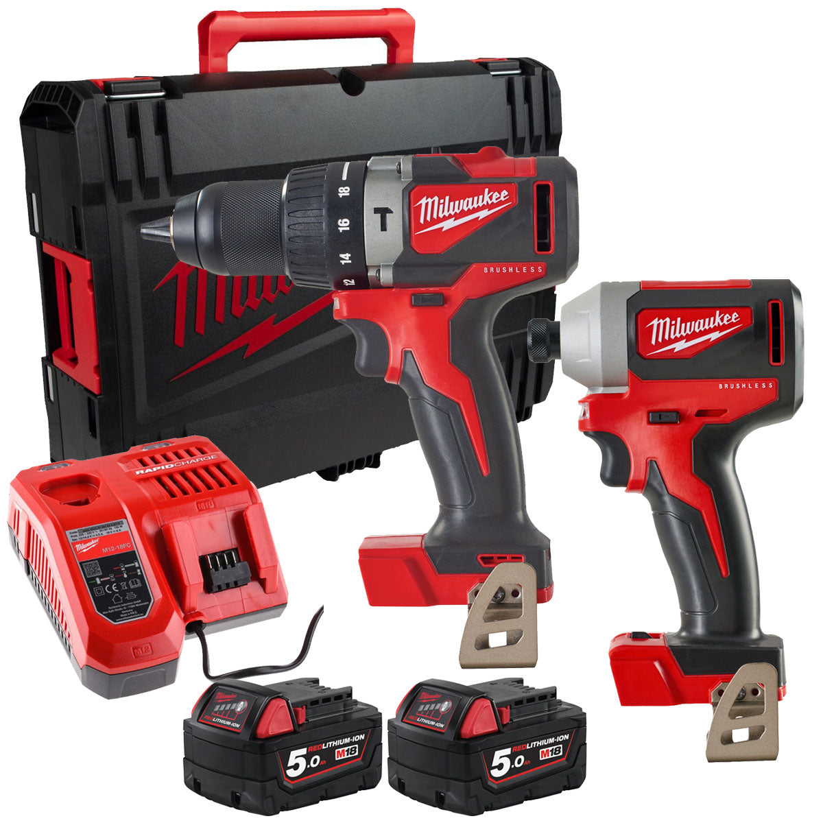 Milwaukee M18BLPP2A3-502X 18V Brushless Combi Drill & Impact Driver with 2 x 5.0Ah Batteries, Charger & Case 4933492845