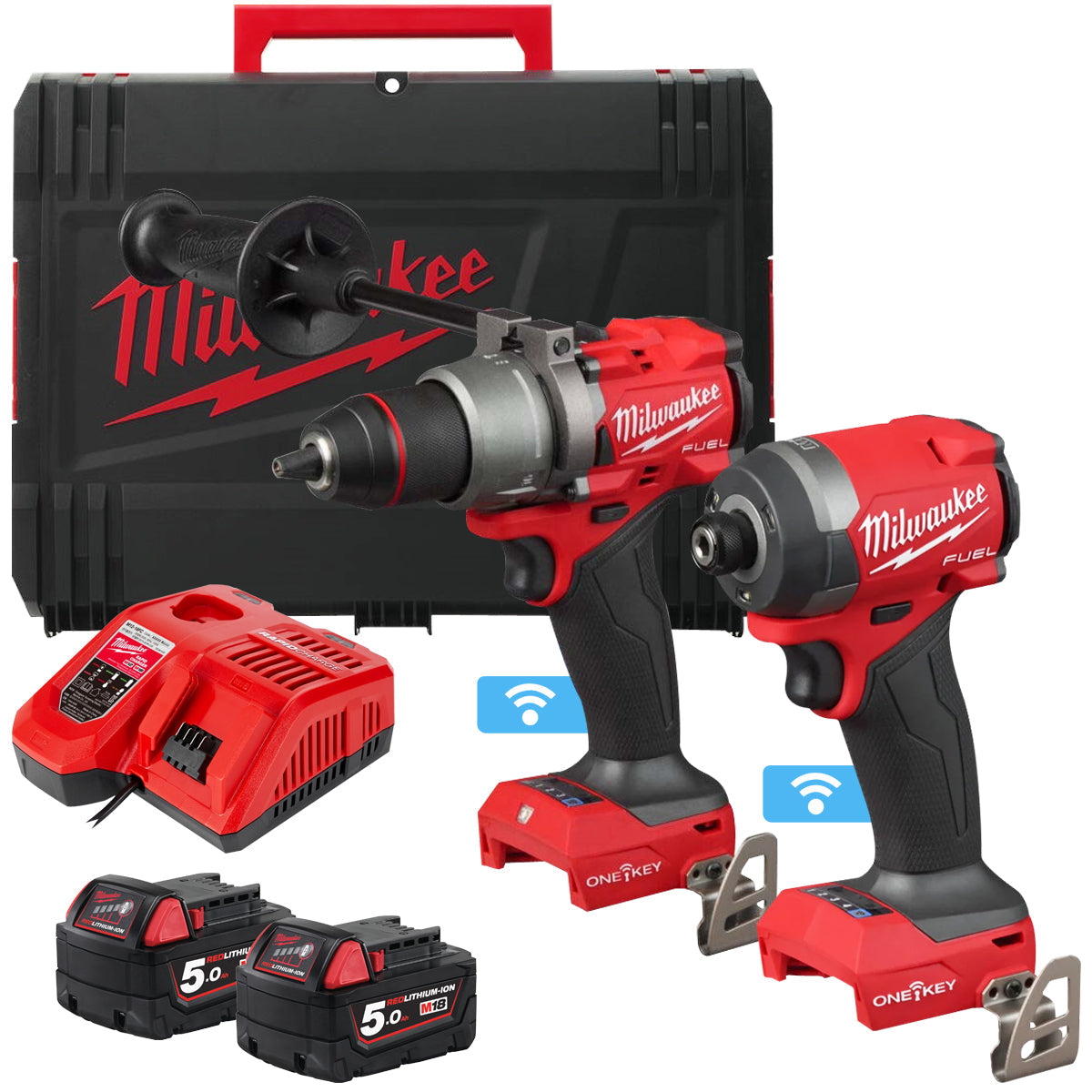 Milwaukee M18ONEPP2A3-502X 18V Fuel Brushless Combi Drill & Impact Driver with 2 x 5.0Ah Batteries Charger & Case 4933493245