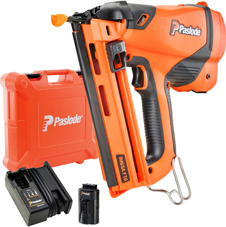 Paslode IM65A F16 Angled Second Fix Finishing Nail Gun with 1 x 2.1Ah Battery Charger & Case