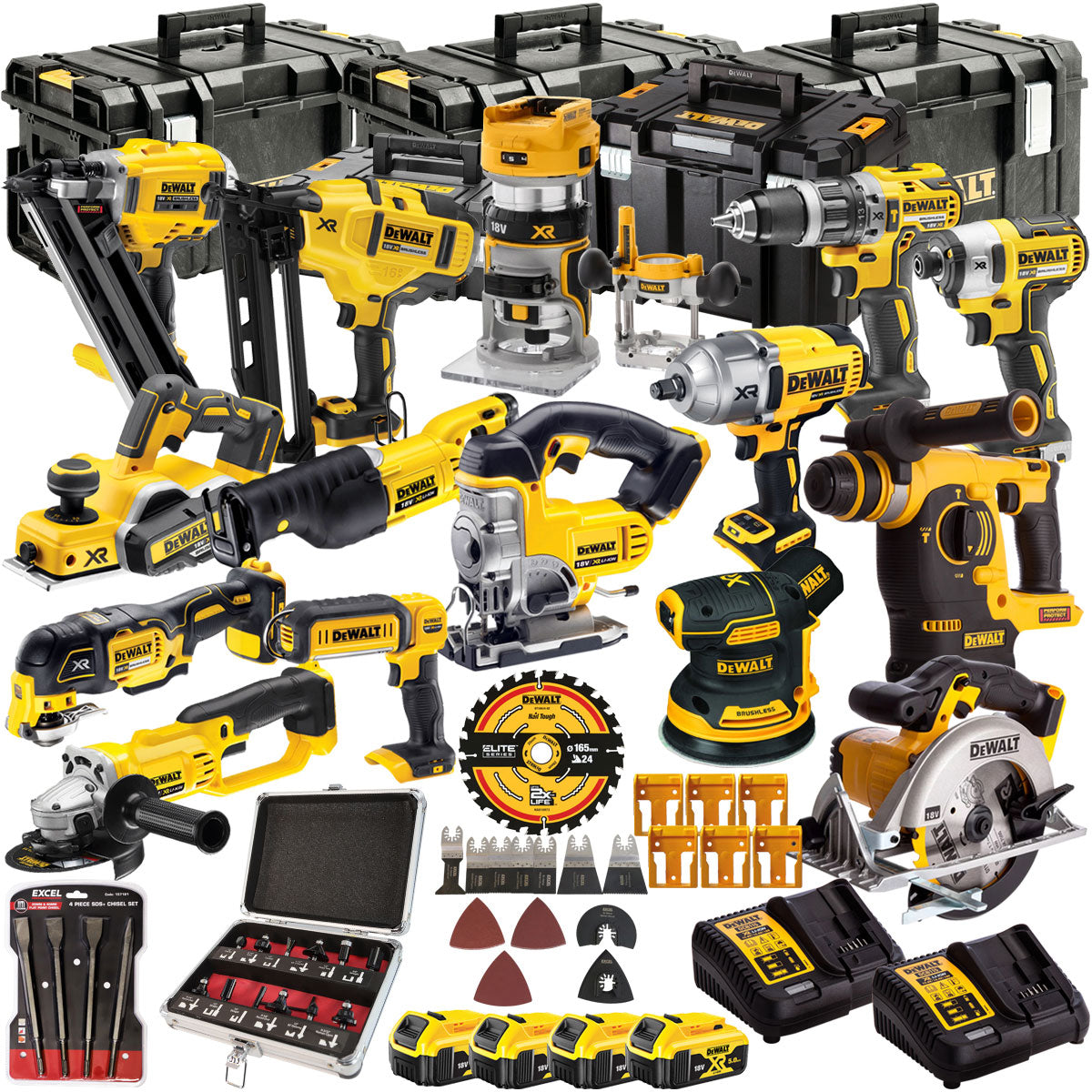 Dewalt DCKT4T15B4A 18V 4 x 5.0Ah Batteries XR Li-Ion 15 Piece Toughsystem Kit with Accessories Set