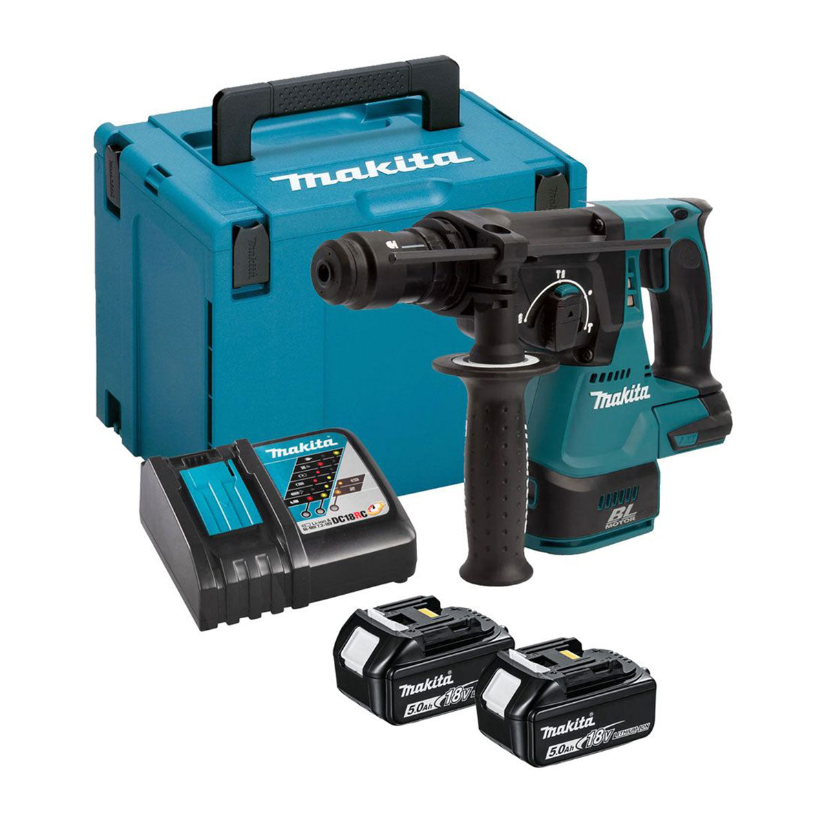 Makita DHR243RTJ 18V LXT Brushless 24mm SDS-PLUS Rotary Hammer Drill With 2 x 5.0Ah Battery, Charger & Case