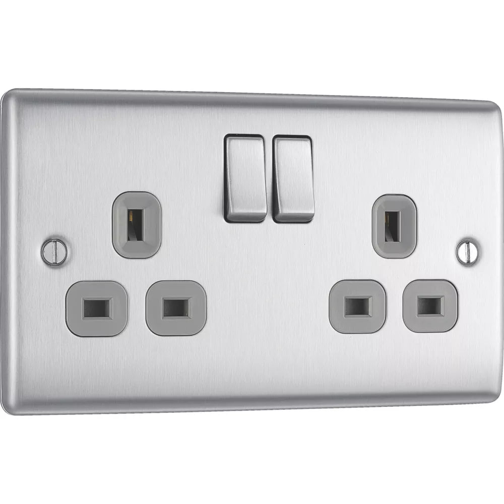BRITISH GENERAL NEXUS METAL 13A 2-GANG DP SWITCHED PLUG SOCKET BRUSHED STEEL WITH GRAPHITE INSERTS (36590)
