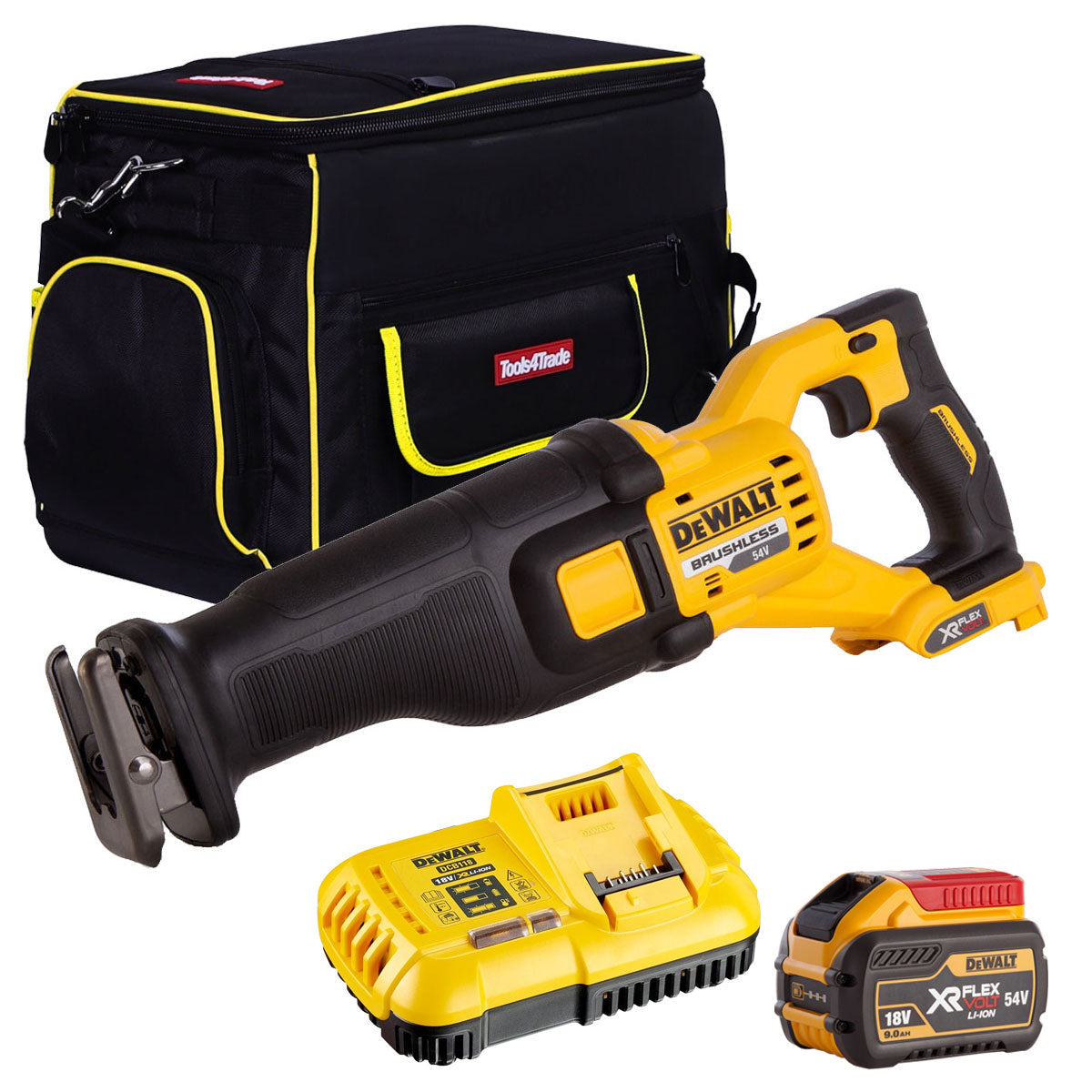 Dewalt DCS388N 54V Flexvolt Brushless Reciprocating Saw with 1 x 9.0Ah Battery Charger & 20" Bag