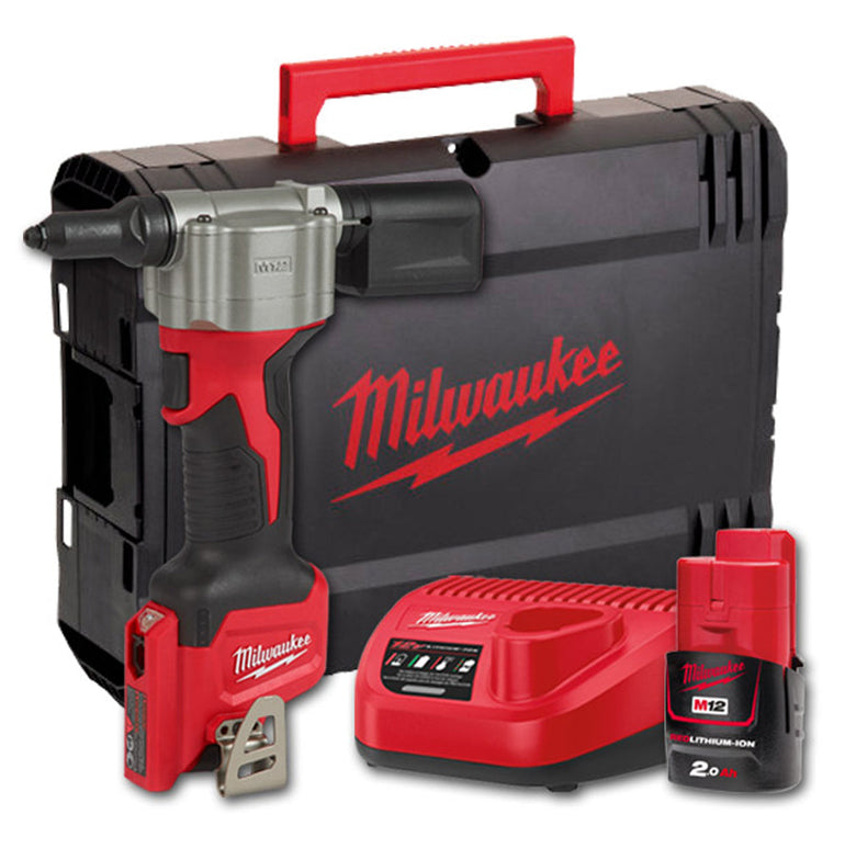 Milwaukee M12BPRT-201X 12V Pop Rivet Gun With 2.0Ah Battery Charger In Case 4933464406