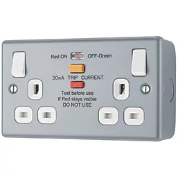 BRITISH GENERAL 13A 2-GANG SP SWITCHED METAL CLAD PASSIVE TYPE A RCD SOCKET WITH WHITE INSERTS