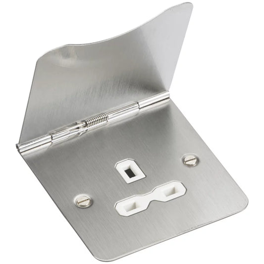 KNIGHTSBRIDGE FPR7UBCW 13A 1-GANG UNSWITCHED FLOOR SOCKET BRUSHED CHROME WITH WHITE INSERTS (417TY)