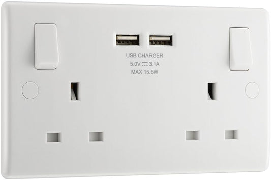 LAP 13A 2-GANG SP SWITCHED SOCKET + 3.1A 15.5W 2-OUTLET TYPE A USB CHARGER WHITE (4087P)