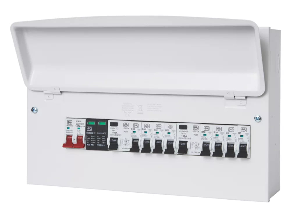 MK SENTRY 16-MODULE 8-WAY POPULATED DUAL RCD CONSUMER UNIT WITH SPD