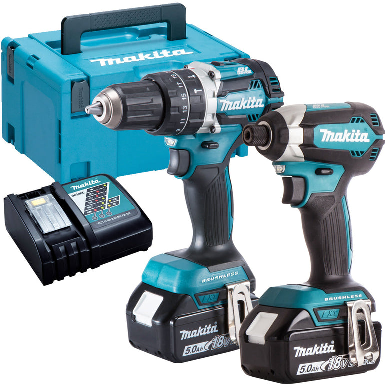 Makita DLX2180TJ 18V Brushless Combi Drill + Impact Driver Twin Kit With 2 x 5.0Ah Batteries Charger