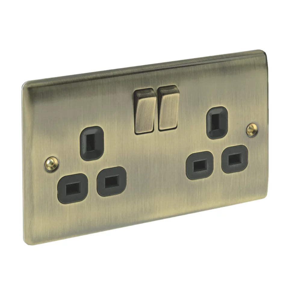 BRITISH GENERAL NEXUS METAL 13A 2-GANG DP SWITCHED PLUG SOCKET ANTIQUE BRASS WITH BLACK INSERTS