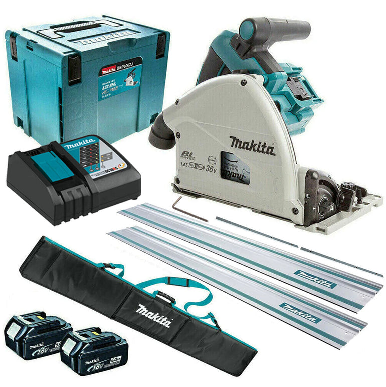 Makita DSP600ZJ 36V Brushless 165mm Plunge Saw with 2 x 5.0Ah Battery & Charger + Accessories