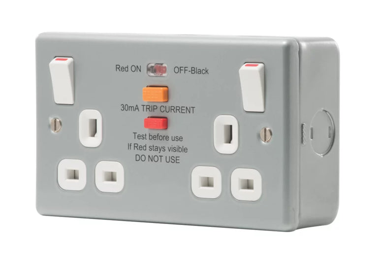 BRITISH GENERAL 13A 2-GANG SP SWITCHED METAL CLAD PASSIVE RCD SOCKET WITH WHITE INSERTS