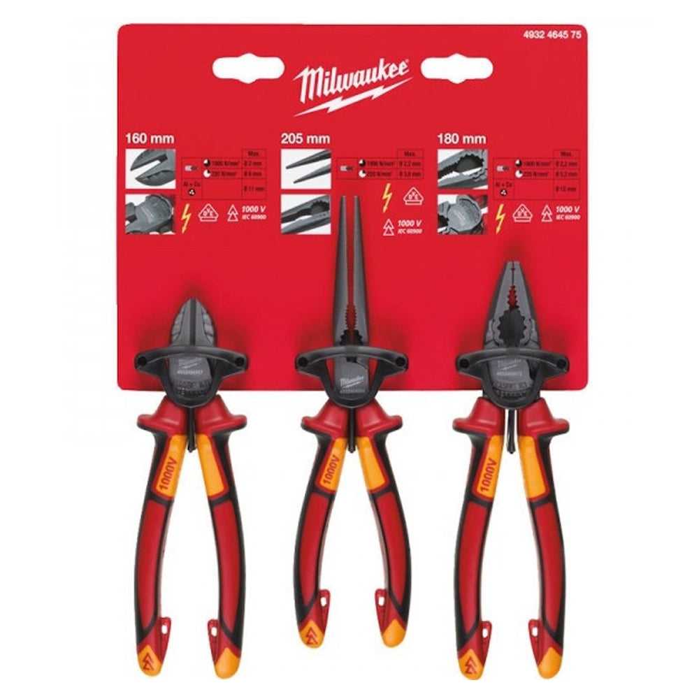 Milwaukee VDE Pliers 3pc Set Diagonal Cutter, Long Round Nose Plier, Combi Plier 4932464575