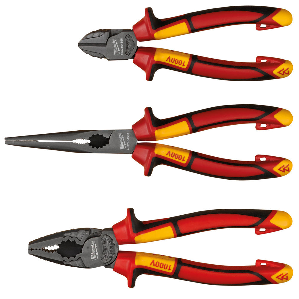 Milwaukee VDE Pliers 3pc Set Diagonal Cutter, Long Round Nose Plier, Combi Plier 4932464575