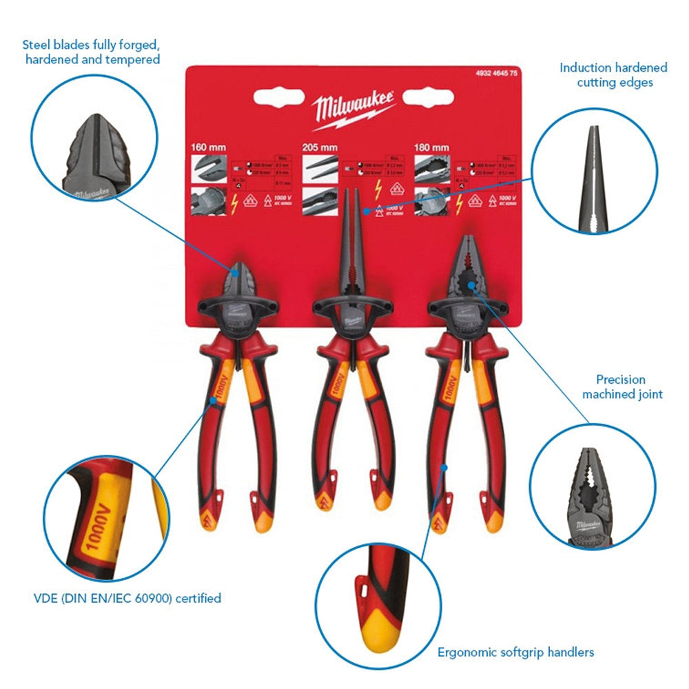 Milwaukee VDE Pliers 3pc Set Diagonal Cutter, Long Round Nose Plier, Combi Plier 4932464575