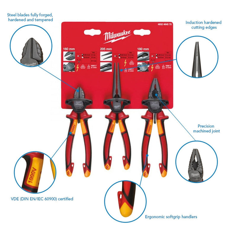 Milwaukee VDE Pliers 3pc Set Diagonal Cutter, Long Round Nose Plier, Combi Plier 4932464575