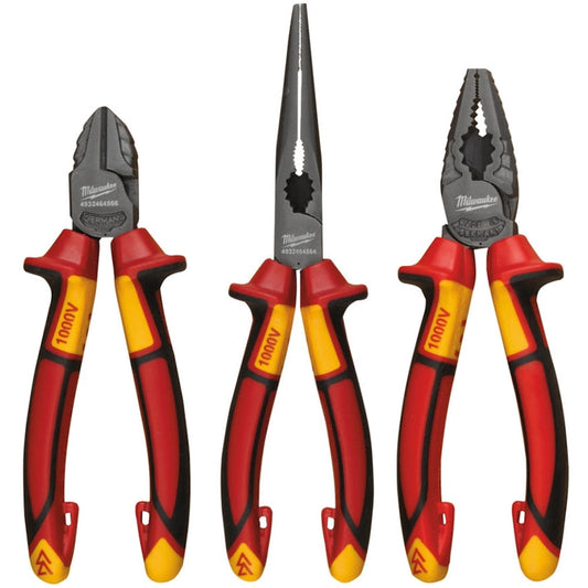 Milwaukee VDE Pliers 3pc Set Diagonal Cutter, Long Round Nose Plier, Combi Plier 4932464575