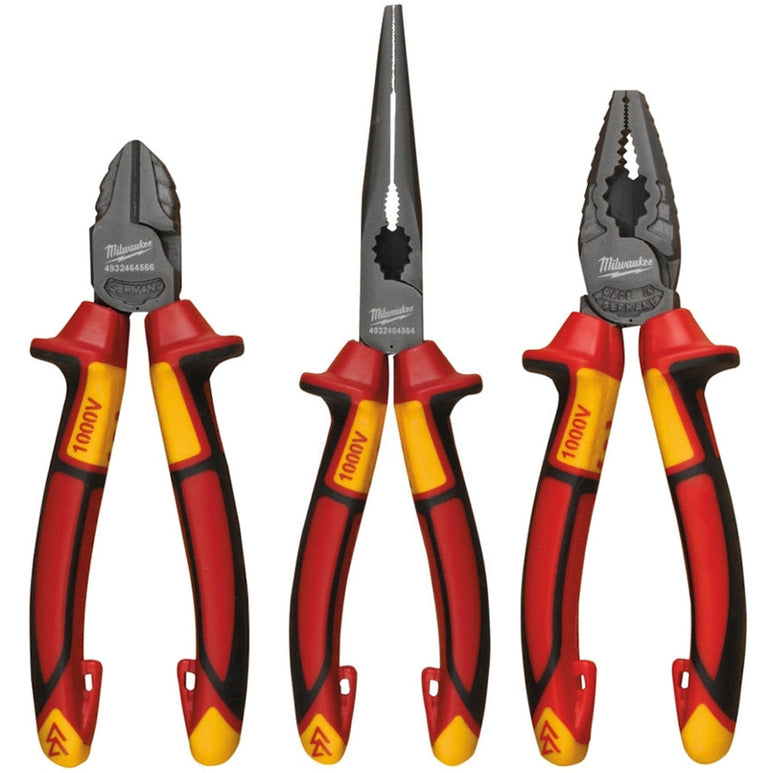 Milwaukee VDE Pliers 3pc Set Diagonal Cutter, Long Round Nose Plier, Combi Plier 4932464575