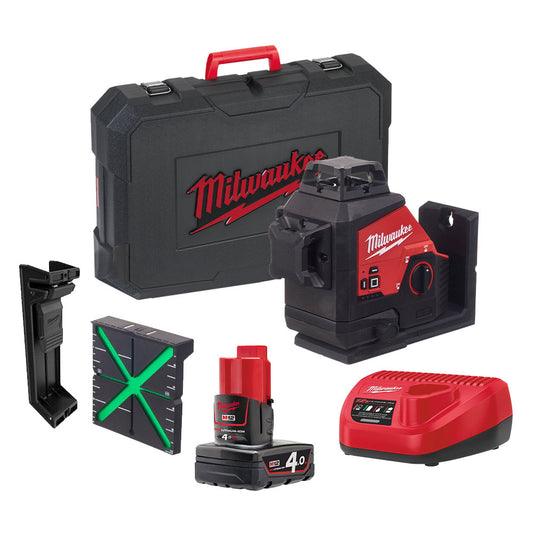 Milwaukee M123PL-401C 12V Green 360° 3 Plane Laser with 1 x 4.0Ah Battery, Charger & Case