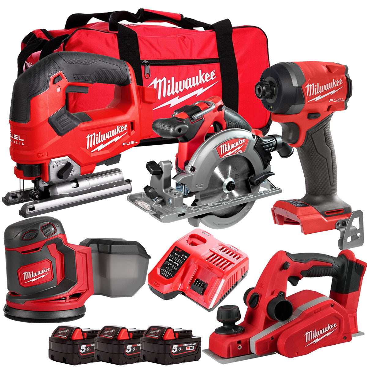 Milwaukee M18PP5C-503B 18V FUEL Woodworking 5 Piece Kit with 3 x 5.0Ah Batteries & Charger 4933480469