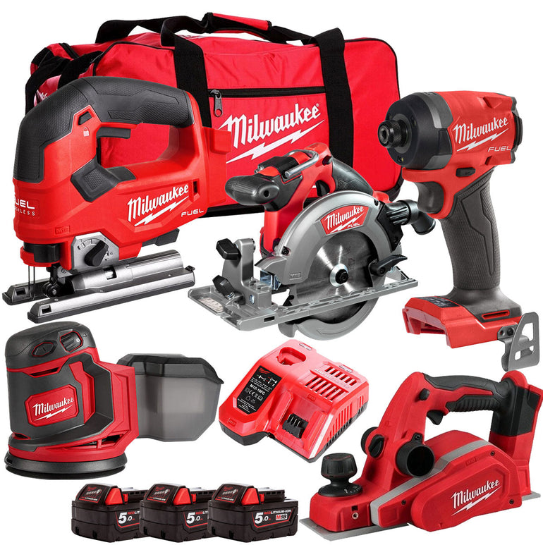 Milwaukee M18PP5C-503B 18V FUEL Woodworking 5 Piece Kit with 3 x 5.0Ah Batteries & Charger 4933480469