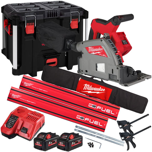 Milwaukee M18FPS55-552P 18V 165mm Fuel Brushless Plunge Saw with 2 x 5.5Ah Battery & Guide Rail Kit