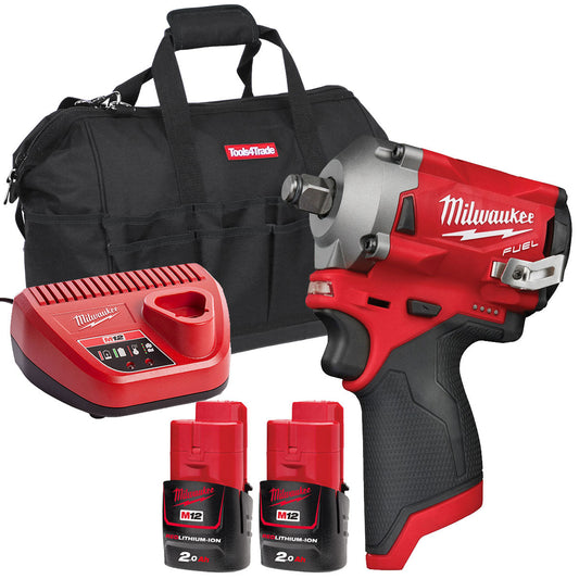 Milwaukee M12FIWF12-0 12V 1/2" Fuel Brushless Impact Wrench with 2 x 2.0Ah Batteries & Charger in Bag