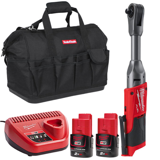 Milwaukee M12FIR38LR-0 12V FUEL Brushless Long Reach 3/8in Ratchet with 2 x 2.0Ah Batteries & Charger in Bag