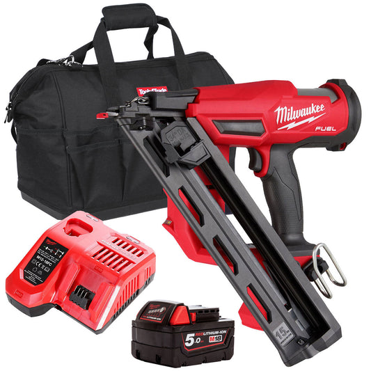 Milwaukee M18FN15GA-0 18V Brushless Angled Finish Nailer 15Ga with 1 x 5.0Ah Battery Charger & Bag