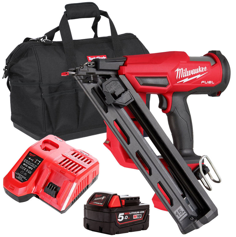 Milwaukee M18FN15GA-0 18V Brushless Angled Finish Nailer 15Ga with 1 x 5.0Ah Battery Charger & Bag