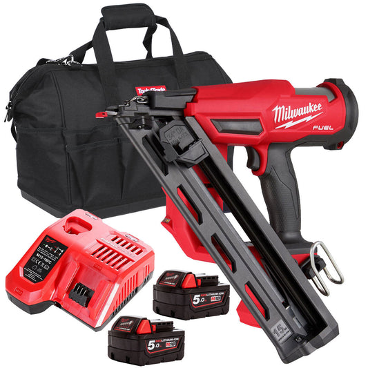 Milwaukee M18FN15GA-0 18V Brushless Angled Finish Nailer 15Ga with 2 x 5.0Ah Battery & Charger