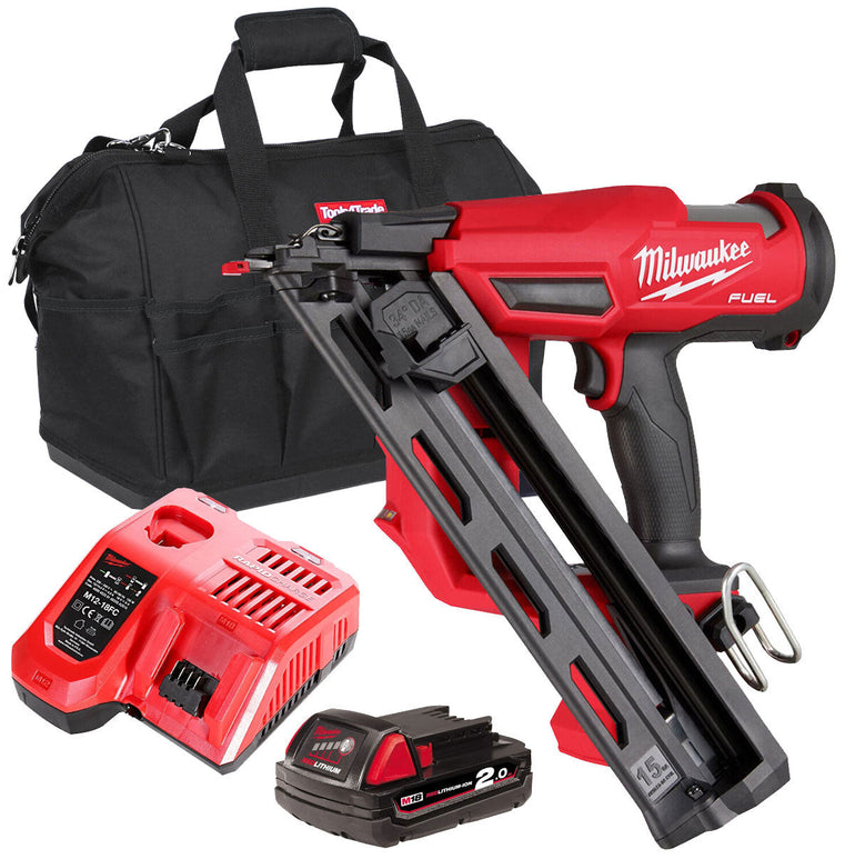 Milwaukee M18FN15GA-0 18V Brushless Angled Finish Nailer 15Ga with 1 x 2.0Ah Battery & Charger in Bag