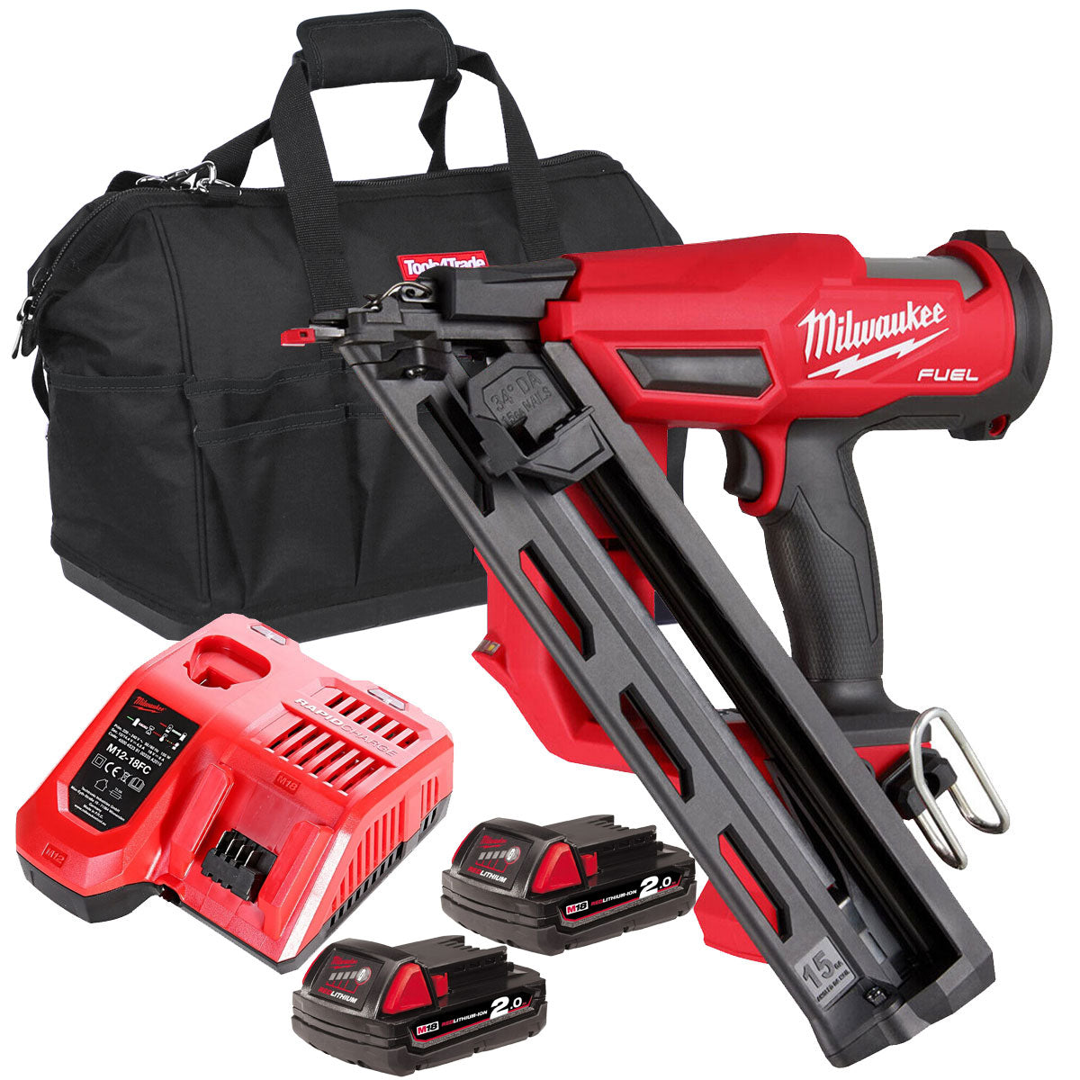 Milwaukee M18FN15GA-0 18V Brushless Angled Finish Nailer 15Ga with 2 x 2.0Ah Batteries & Charger in Bag