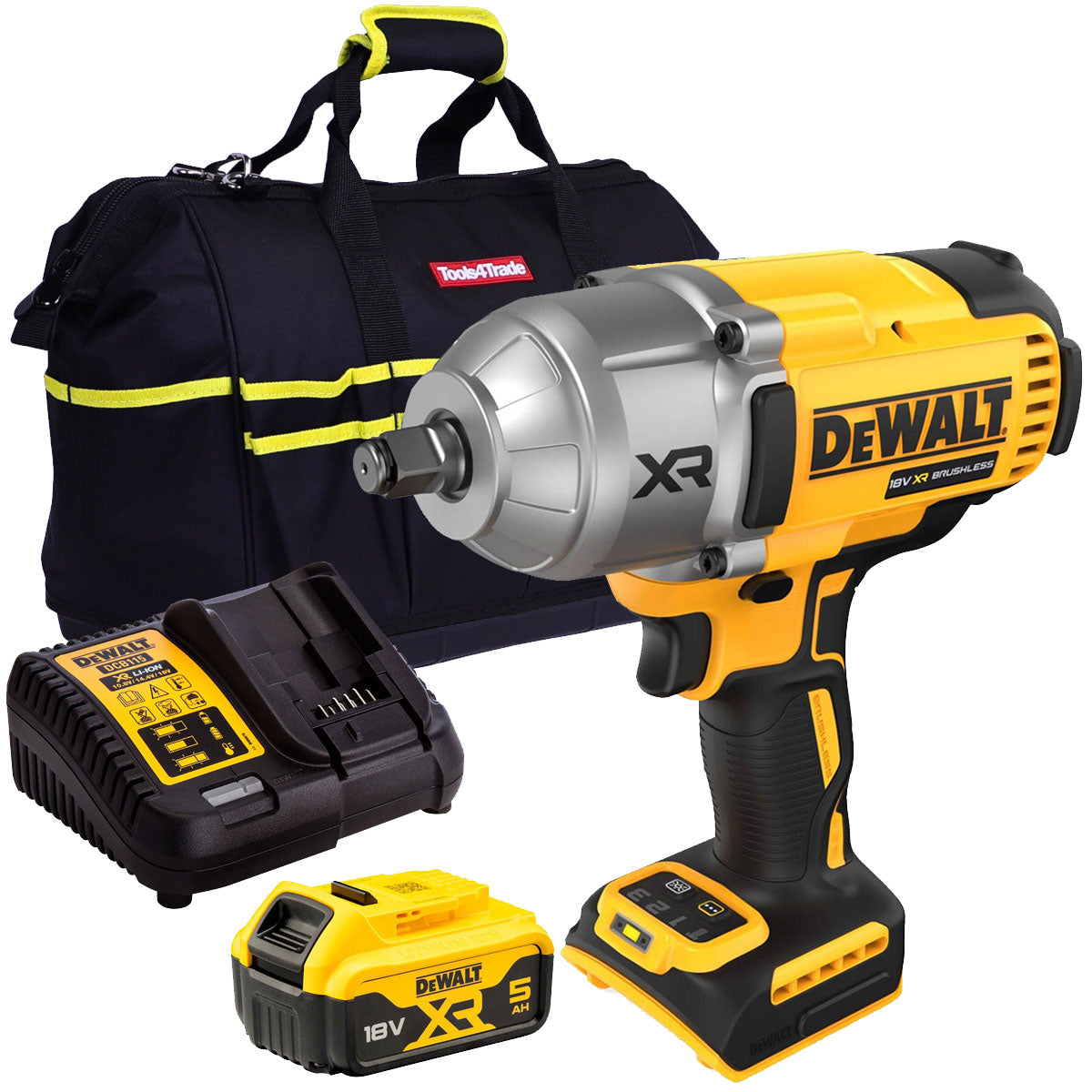 Dewalt DCF900N 18V XR Brushless 1/2” High Torque Impact Wrench Hog Ring with 1 x 5.0Ah Battery Charger & Bag