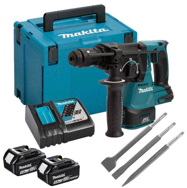 Makita DHR243RTJ 18V Brushless SDS+ Rotary Hammer Drill With 2 x 5.0Ah Battery, Charger & 3 Piece Chisel