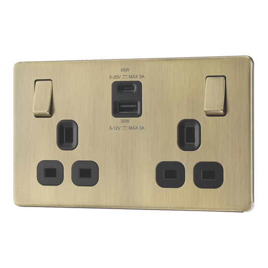 LAP 13A 2-GANG SP SWITCHED SOCKET + 3A 45W 2-OUTLET TYPE A & C USB CHARGER ANTIQUE BRASS WITH BLACK INSERTS (514PN)