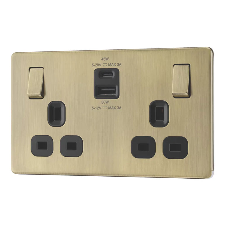 LAP 13A 2-GANG SP SWITCHED SOCKET + 3A 45W 2-OUTLET TYPE A & C USB CHARGER ANTIQUE BRASS WITH BLACK INSERTS (514PN)